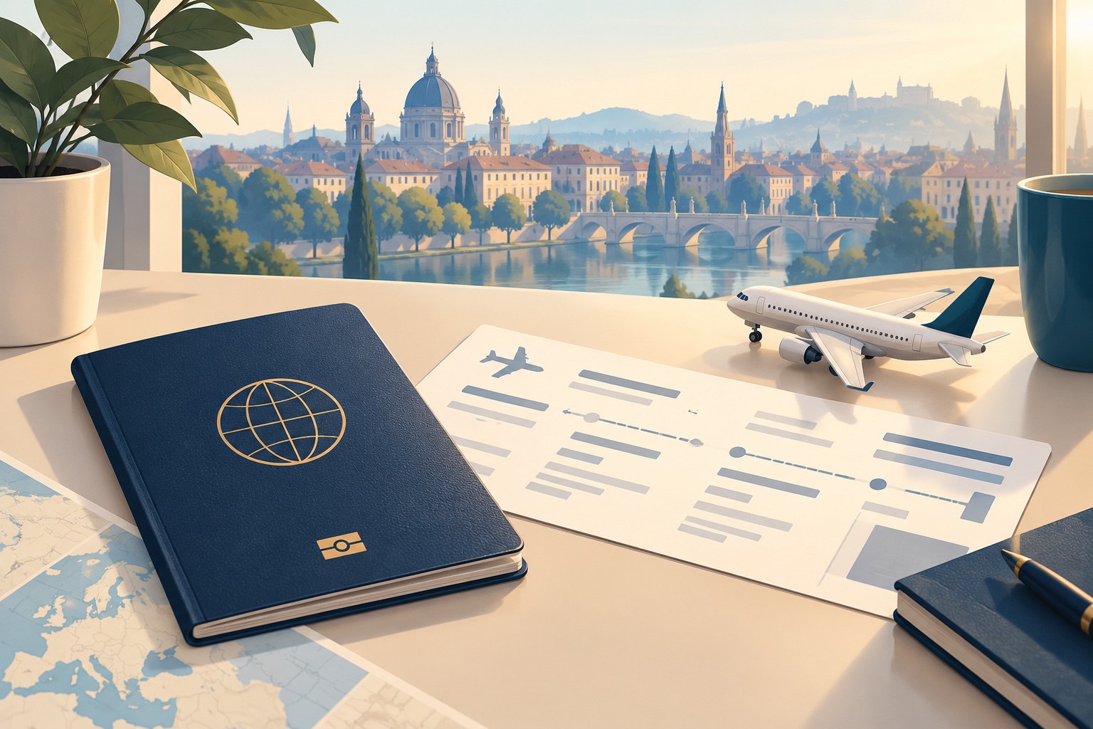 Illustration of a passport, flight itinerary and model airplane overlooking a European city