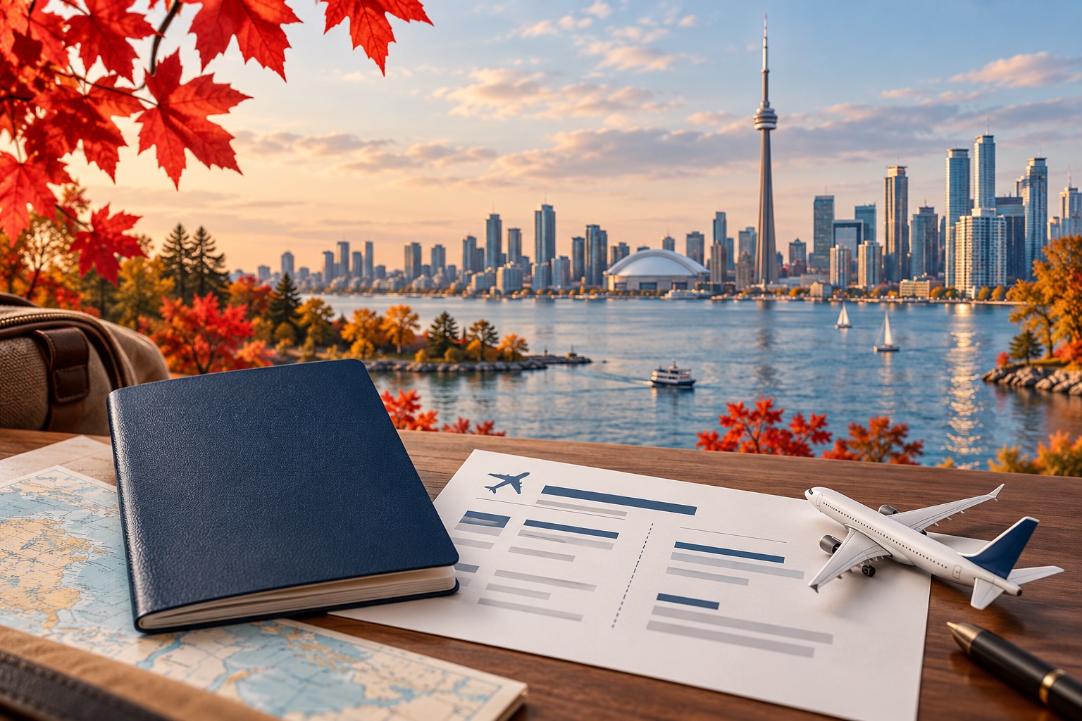 Illustration of a passport, travel itinerary and model airplane with a Canadian city skyline