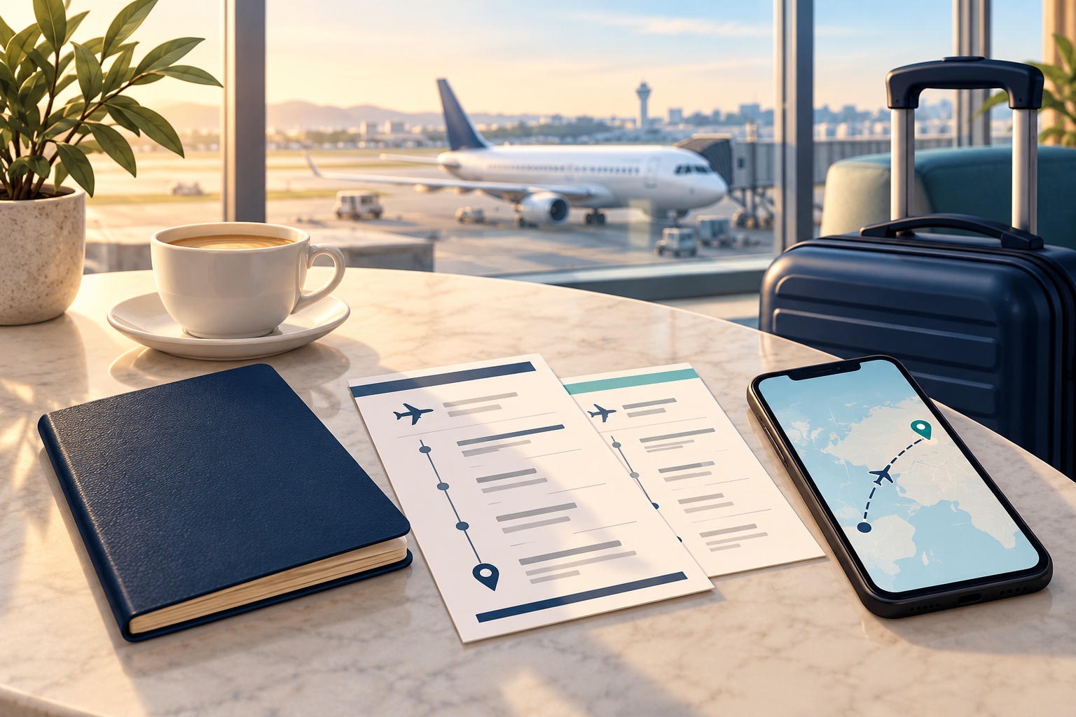 Illustration of a passport, onward travel itineraries and a phone on an airport lounge table