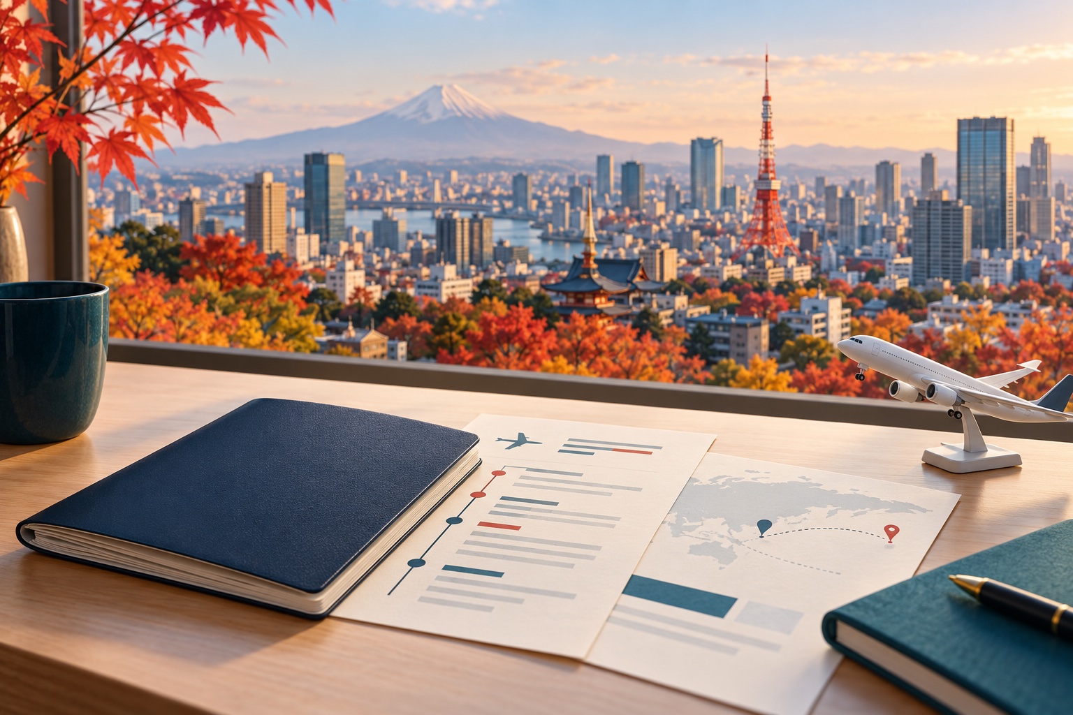 Illustration of a passport, itinerary and model airplane overlooking a Japanese skyline