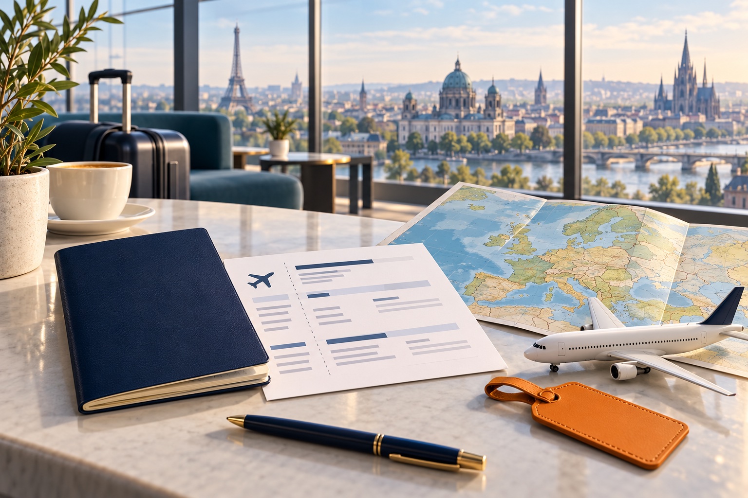 Illustration of a passport, flight itinerary, model airplane and Europe map in an airport lounge