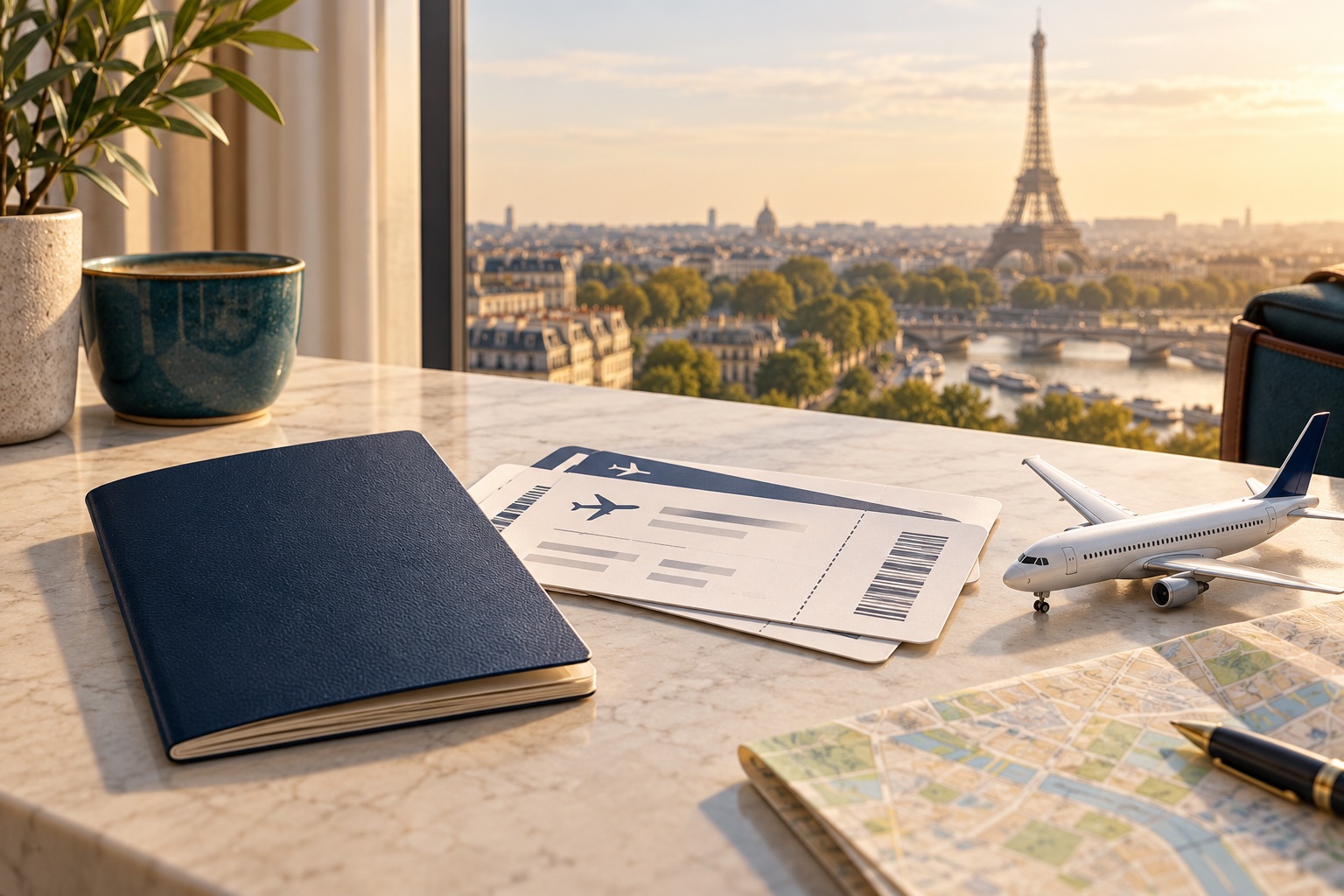 Illustration of a passport, itinerary and model airplane on a desk overlooking the Eiffel Tower