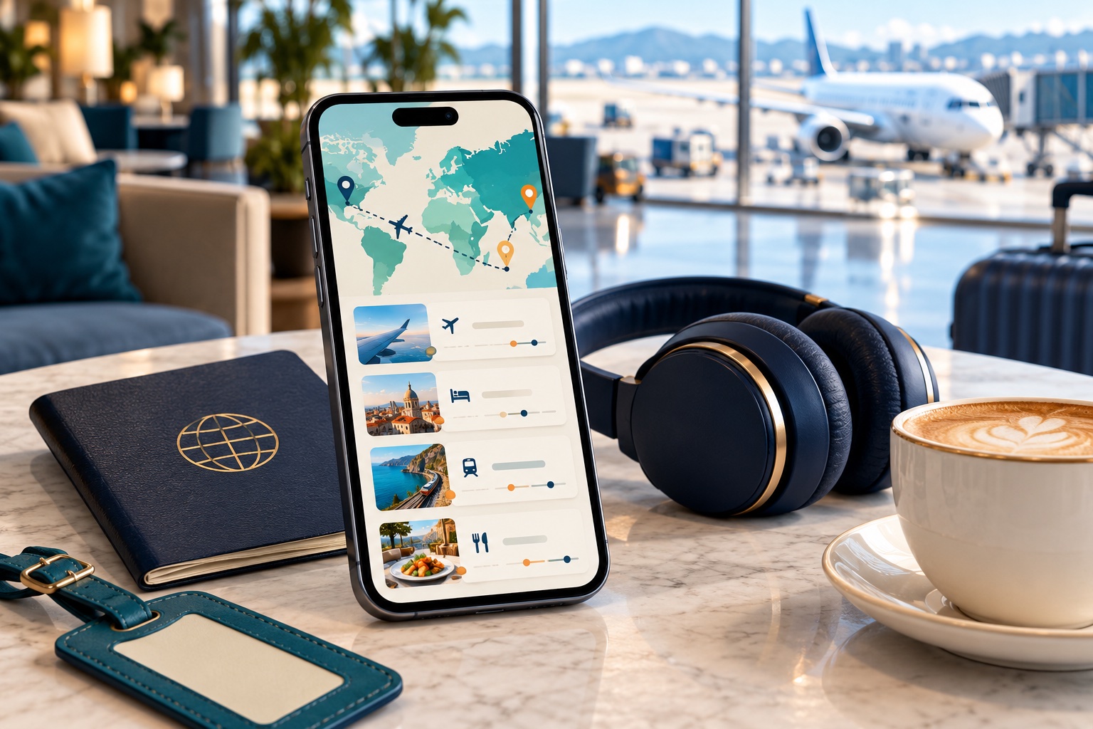 Illustration of a smartphone with a travel map beside a passport and headphones in an airport lounge