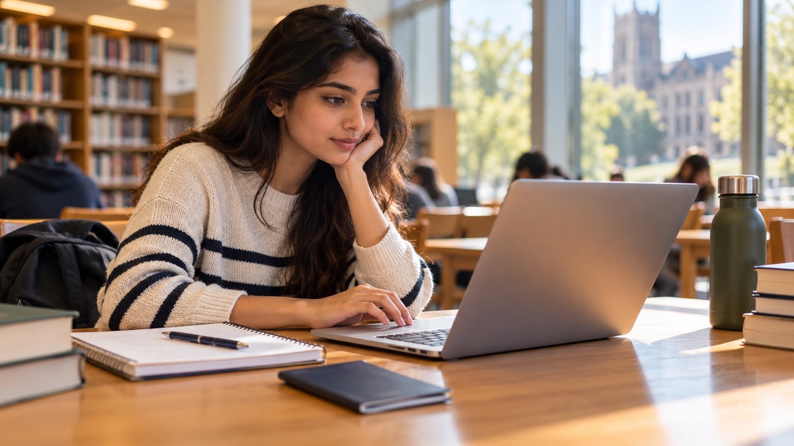 Student planning study-abroad travel on a laptop with a passport and notebook in a university library