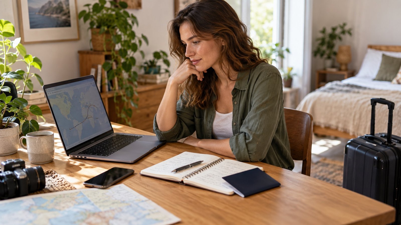 Traveller comparing flight routes on a laptop beside a passport, notebook and carry-on bag